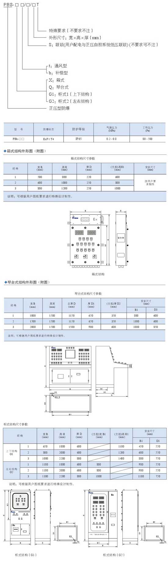 PBs系列正壓型防爆配電柜 (P)型號(hào)說明技術(shù)參數(shù)及安裝尺寸
