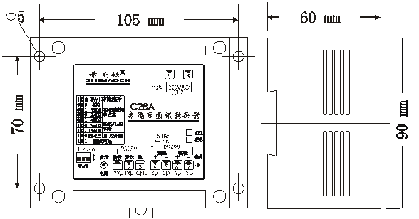 C2285工業(yè)型RS232/RS422-485通訊轉換器外形尺寸