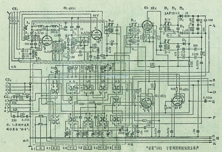 春雷101型10管調(diào)頻/調(diào)幅交流電子管收音機高中頻電路
