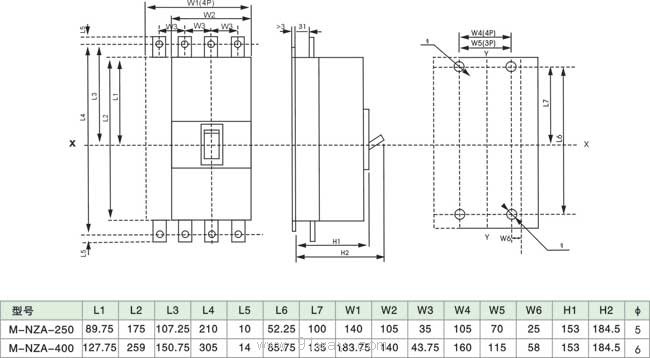 M-NZA系列塑料外殼式斷路器插入式尺寸數(shù)據(jù)