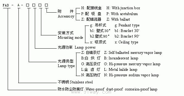FAD-A系列防水防塵防腐不銹鋼燈型號(hào)說(shuō)明