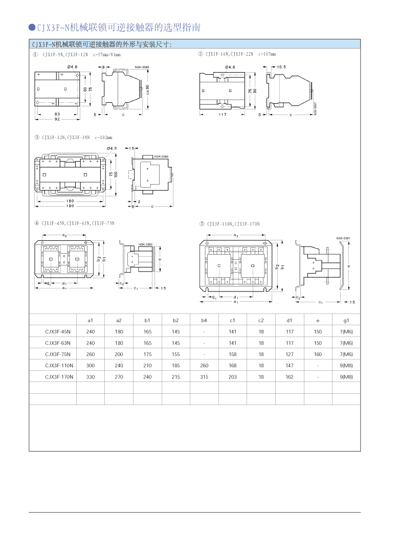 CJX3F-N系列機(jī)械聯(lián)鎖可逆接觸器外形及安裝尺寸