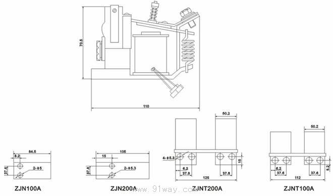 ZJN-100A型直流接觸器安裝尺寸